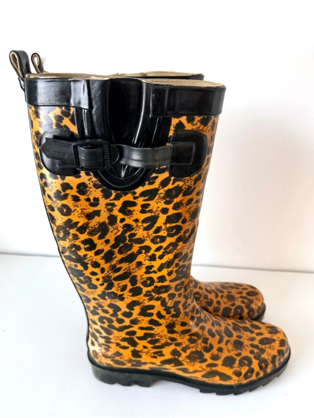 Capelli New York Ladies Shiny Leopard Print Tall Rain Boot Adjustable Calf 6 - Picture 5 of 11